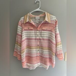 Alfred Dunner Button Up Blouse Womens SZ M Striped Shear 3/4 Sleeve Pink White